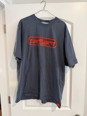 Carhartt Short-Sleeve Tee in Charcoal Blue Camo with Orange Print Logo